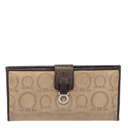 Salvatore Ferragamo Beige/Brown Gancini Canvas and Leather Wallet - Salvatore Ferragamo - Modalova