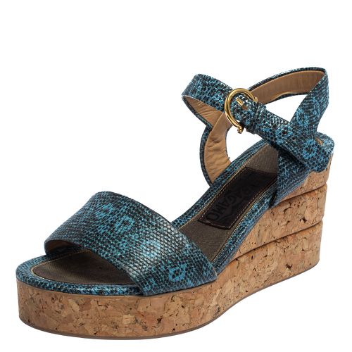 Salvatore Ferragamo Blue Lizard Embossed Leather Madea Cork Wedge Sandals Size 35.5 - Salvatore Ferragamo - Modalova