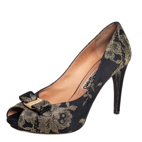 Brocade Peep Toe Bow Pumps Size 40.5 - Salvatore Ferragamo - Modalova