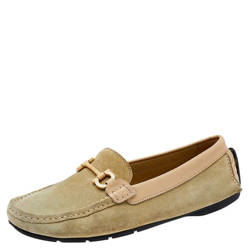 Salvatore Ferragamo Green/Beige Suede And Leather Gancini Bit Slip On Loafers Size 39.5 - Salvatore Ferragamo - Modalova