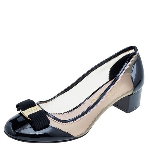 Salvatore Ferragamo Black Patent Leather And Mesh Vara Bow Block Heel Pumps Size 40.5 - Salvatore Ferragamo - Modalova