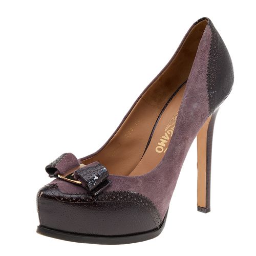 Salvatore Ferragamo Purple/Brown Leather And Suede Vara Bow Pumps Size 40.5 - Salvatore Ferragamo - Modalova