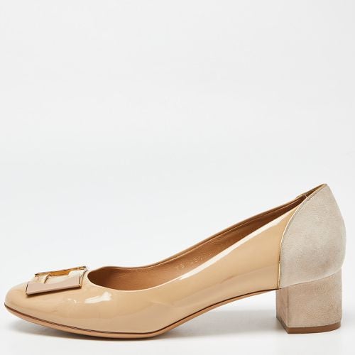 Salvatore Ferragamo Beige Patent Leather and Suede Block Heel Bow Pumps Size 40.5 - Salvatore Ferragamo - Modalova