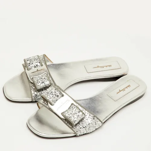 Vicky Size 40.5 Glitter Bow Flat Slide Sandals - Salvatore Ferragamo - Modalova