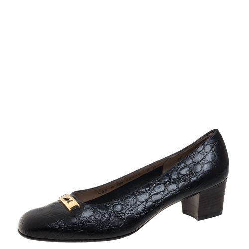 Salvatore Ferragamo Vintage Black Croc Embossed Leather Embellished Pumps Size 38.5 - Salvatore Ferragamo - Modalova