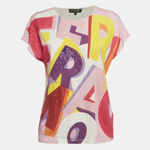 Pink Printed Jersey Sequin Detail T-Shirt S - Salvatore Ferragamo - Modalova