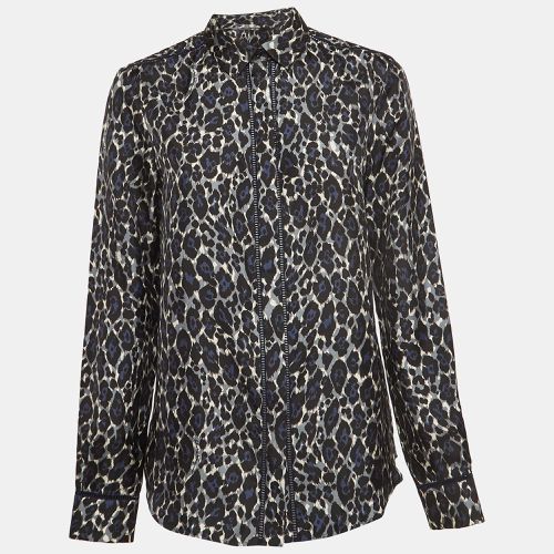 Salvatore Ferragamo Blue Leopard Print Lace Insert Silk Long Sleeve Shirt S - Salvatore Ferragamo - Modalova