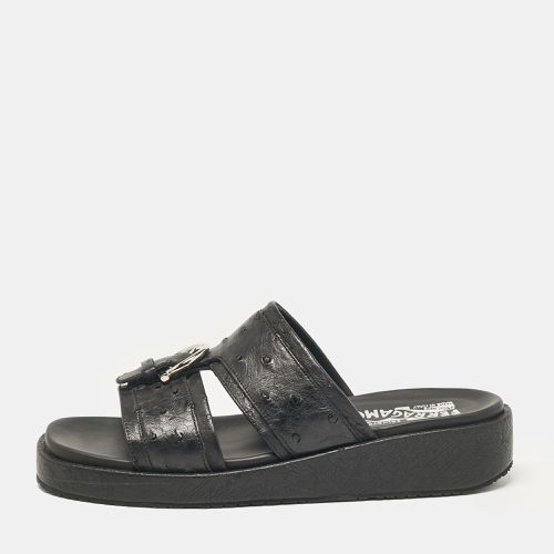 Salvatore Ferragamo Black Ostrich Leather Lufti Flat Sandals Size 41 - Salvatore Ferragamo - Modalova