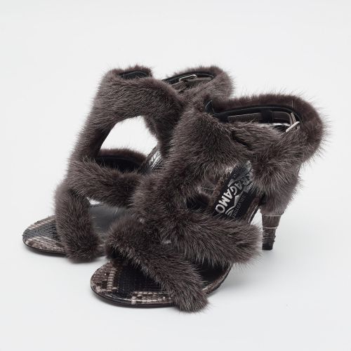 Size 36 Mink Fur and Python Leather Ankle Strap Sandals - Salvatore Ferragamo - Modalova