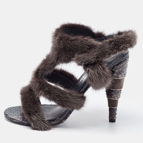 Size 39 Fur and Python Leather Slide Sandals - Salvatore Ferragamo - Modalova