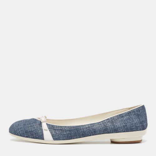 Salvatore Ferragamo Blue/White Denim and Leather Audrey Buckle Detail Ballet Flats Size 40.5 - Salvatore Ferragamo - Modalova