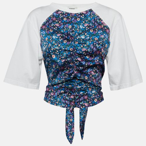 Sandro White/Blue Floral Print Cotton Knit and Crepe Ruched Top S - Sandro - Modalova