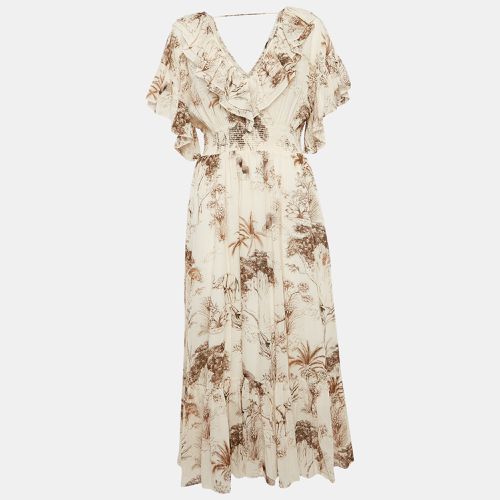 Sandro Beige Printed Crepe Marro Ruffled Midi Dress M - Sandro - Modalova