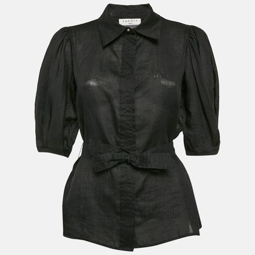 Sandro Black Ramie Belted Button Front Blouse M - Sandro - Modalova