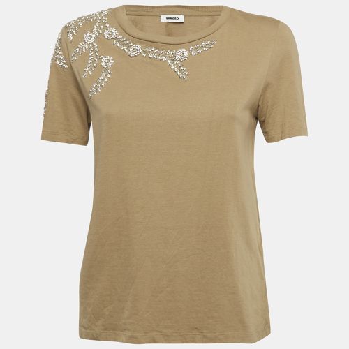 Sandro Olive Green Rhinestone Embellished Cotton T-Shirt XS - Sandro - Modalova