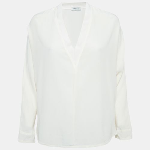 Sandro Off White Silk Rib Trim V-Neck Blouse L - Sandro - Modalova