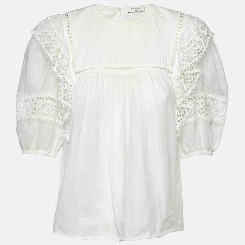 Sandro White Ramie Lace Trim Ruffled Top L - Sandro - Modalova