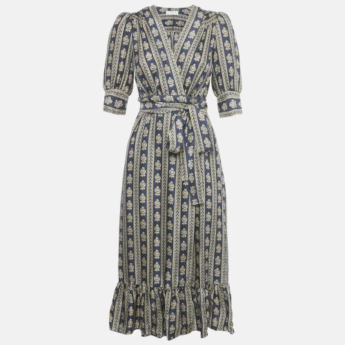 Sandro Navy Blue Printed Silk Wrap Around Midi Dress XS - Sandro - Modalova