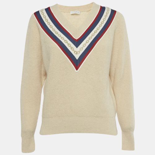 Sandro Beige Applique Rib Knit V-Neck Sweater S - Sandro - Modalova