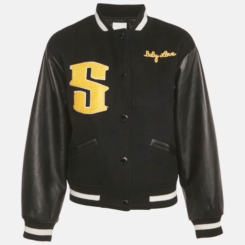 Sandro Black Embroidered Wool and Leather Varsity Jacket S - Sandro - Modalova