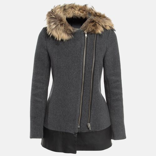 Sandro Grey Wool Blend and Fur Hooded Coat XS - Sandro - Modalova