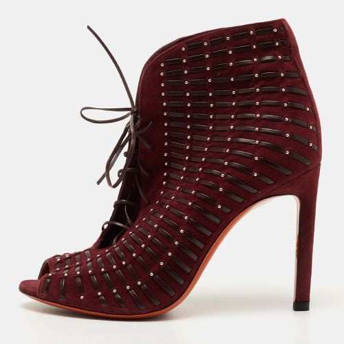 Santoni Burgundy Suede and Leather Peep Toe Lace Up Ankle Booties Size 37.5 - Santoni - Modalova