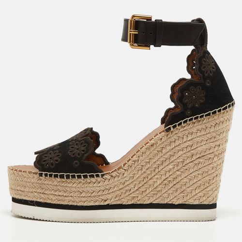 See by Chloe Black Suede and Leather Floral Lasercut Espadrille Wedge Sandals Size 40 - See by Chloe - Modalova