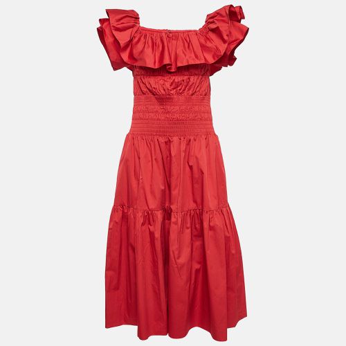 Self-Portrait Red Poplin Smocked Off-Shoulder Midi Dress L - Self-Portrait - Modalova