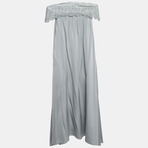 Self Portrait Grey Silk & Lace Trim Off Shoulder Bardot Dress M - Self-Portrait - Modalova