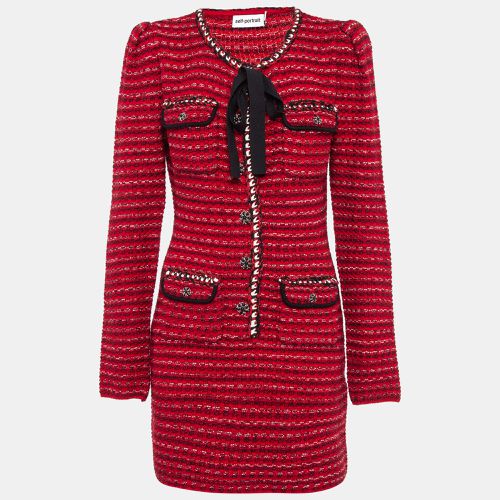 Self-Portrait Red Patterned Wool Blend Melange Knit Mini Dress L - Self-Portrait - Modalova