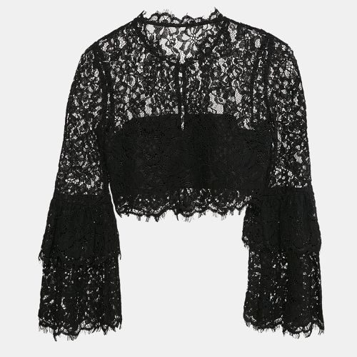 Self-Portrait Black Lace Flared Sleeve Button Front Crop Top S - Self-Portrait - Modalova