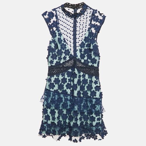 Self-Portrait Navy Blue Floral Applique Mesh Mini Dress M - Self-Portrait - Modalova