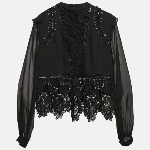 Self-Portrait Black Lace & Crepe Lace-Up Detail Blouse M - Self-Portrait - Modalova