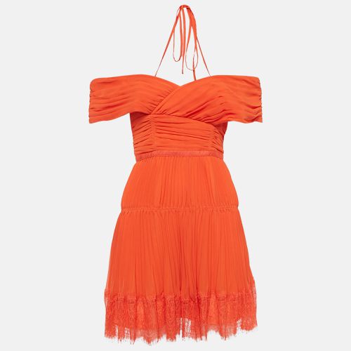 Self-Portrait Orange Lace Trim Chiffon Pleated Off-Shoulder Mini Dress S - Self-Portrait - Modalova