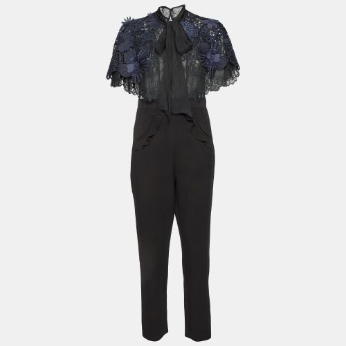 Self-Portrait Black/Blue Cady & Lace Ruffled Tie-Neck Jumpsuit M - Self-Portrait - Modalova