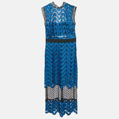 Self-Portrait Blue/Black Guipure Lace Paneled Midi Dress S - Self-Portrait - Modalova