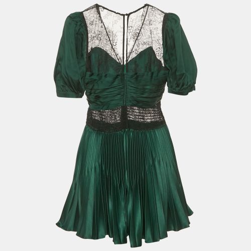 Self-Portrait Green Sateen Plisse Lace Detail Mini Dress M - Self-Portrait - Modalova