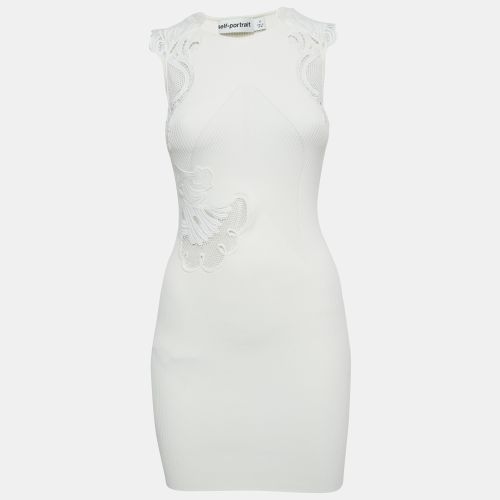 Self-Portrait White Rib Knit Inserted Lace Mini Dress M - Self-Portrait - Modalova