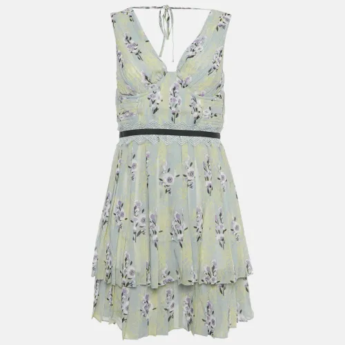 Self-Portrait Yellow Floral Print Chiffon Tiered Mini Dress S - Self-Portrait - Modalova