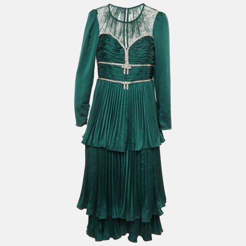Self-Portrait Green Satin Crystal Embellished Tiered Maxi Dress L - Self-Portrait - Modalova
