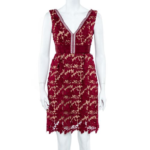 Self-Portrait Burgundy Guipure Lace Plunge Neck Detail Short Dress S - Self-Portrait - Modalova