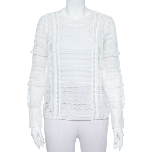 Self Portrait White Paneled Lace Sheer Long Sleeve Top S - Self-Portrait - Modalova