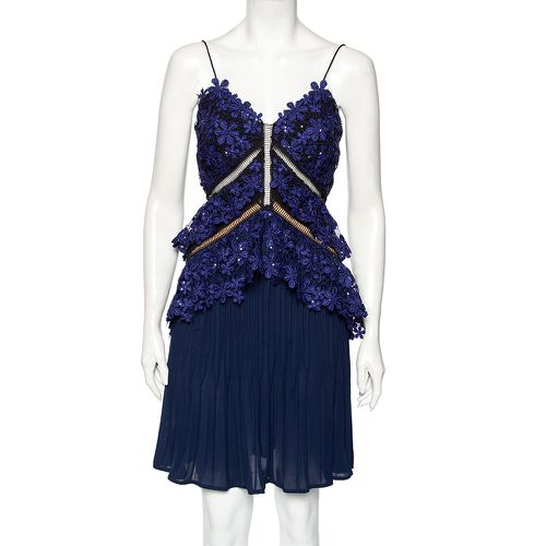 Self-Portrait Blue Chiffon And Embellished Guipure Lace Overlay Short Pleated Dress S - Self-Portrait - Modalova