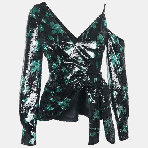 Self-Portrait Black/Green Leaf Sequined Nylon Tie Detail Long Sleeve Blouse S - Self-Portrait - Modalova