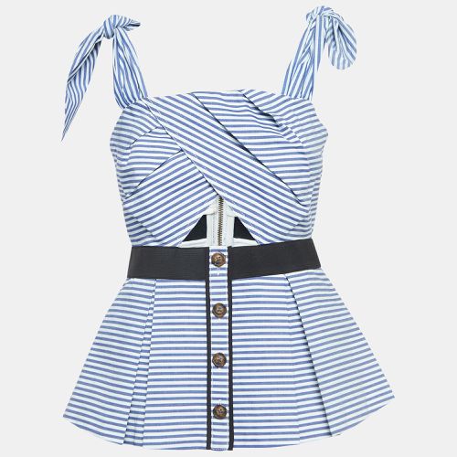 Self-Portrait Blue & White Cotton Stripe Shirting Tie Detail Top M - Self-Portrait - Modalova