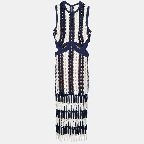 Self-Portrait Navy Blue Striped Crochet Knit Midi Dress M - Self-Portrait - Modalova