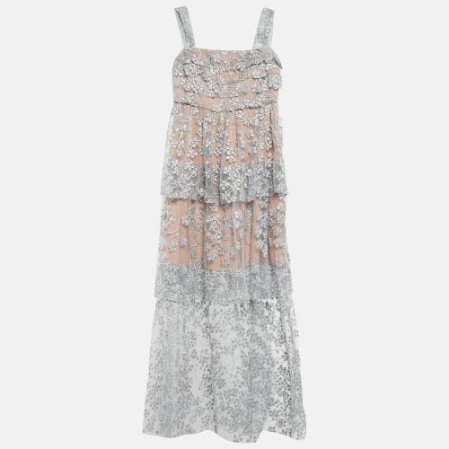 Self-Portrait Grey Blossom Embroidery Tulle Tiered Maxi Dress M - Self-Portrait - Modalova