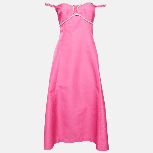 Self-Portrait Pink Textured Crepe Diamante Detail Midi Dress L - Self-Portrait - Modalova