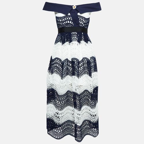 Self-Portrait Navy Blue/White Guipure Lace Off-Shoulder Dress S - Self-Portrait - Modalova