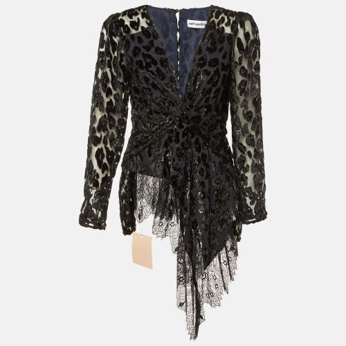 Self-Portrait Black Lurex Devore Twisted Peplum Top M - Self-Portrait - Modalova